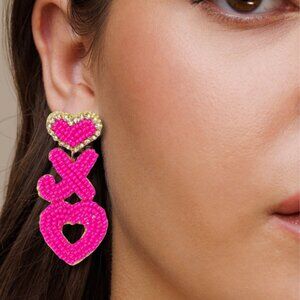 Fuchsia Pink Rhinestone & Seed Beaded Valentine's Day Earrings